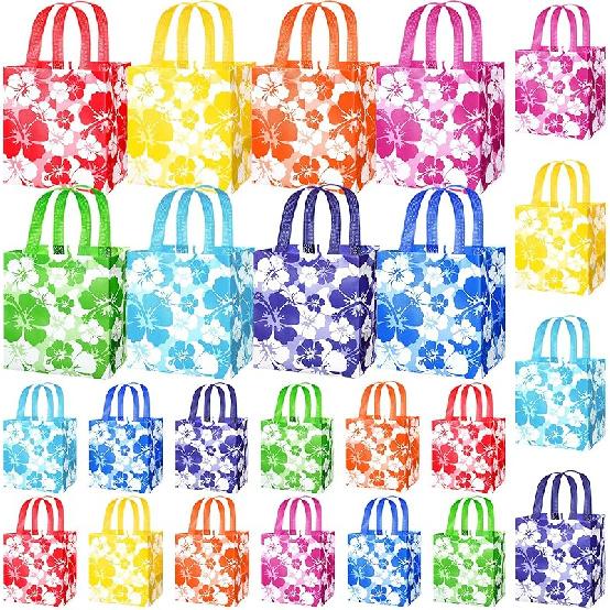 Teling 24 Pcs Hibiscus Party Favor Tote Bag Non Woven Hawaiian Gift Goodie Bag with Handles Luau Tropical Aloha Tiki Party Supplies 24