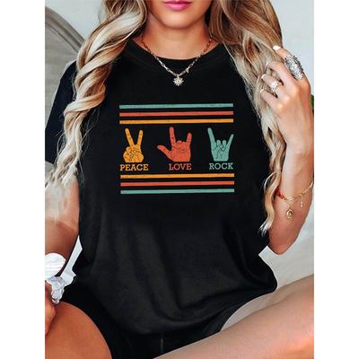 T-shirt da donna con stampa PEACE LOVE ROCK, casual, manica corta, girocollo, top estivo