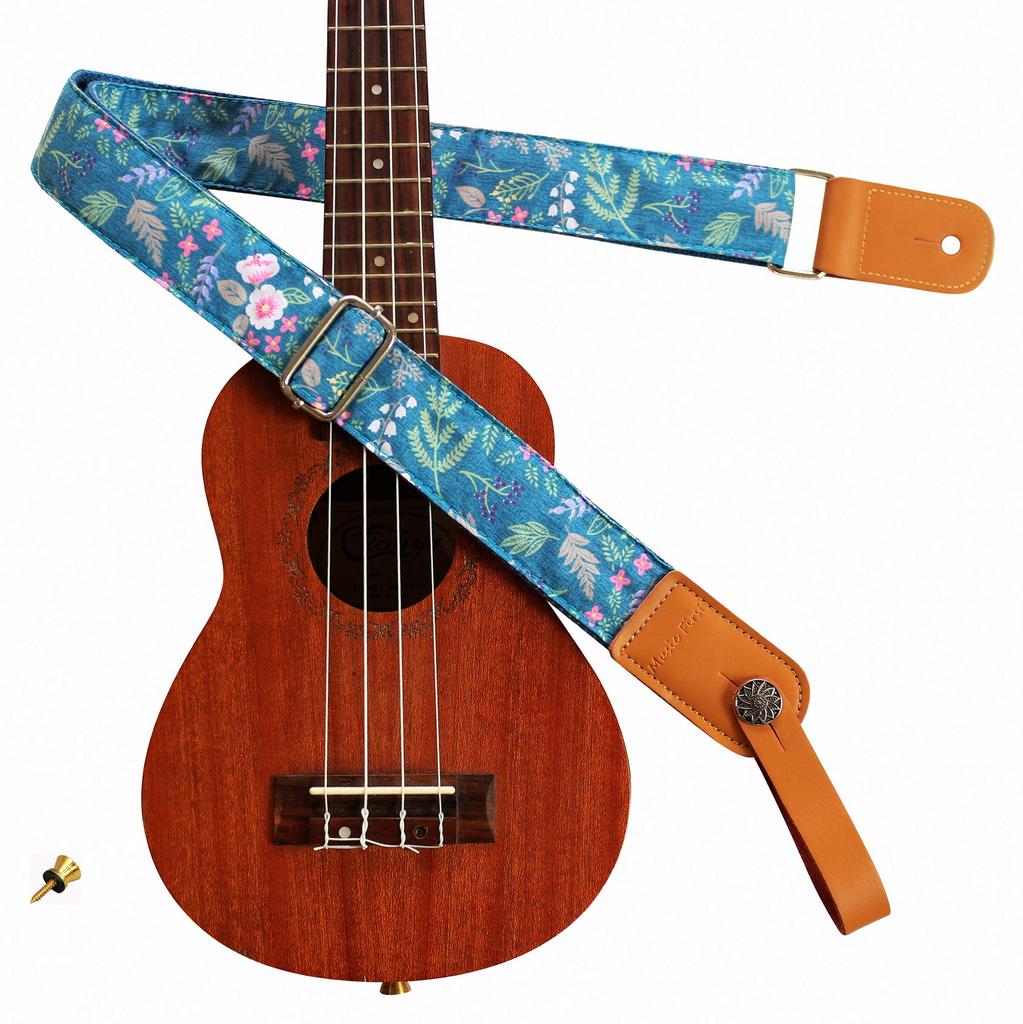 MUSIC FIRST Original Design Retro "Misty Garden At Dawn" Soft Cotton & Genuine Leather Ukulele Strap & Shoulder Strap (Includes One "MUSIC FIRST"