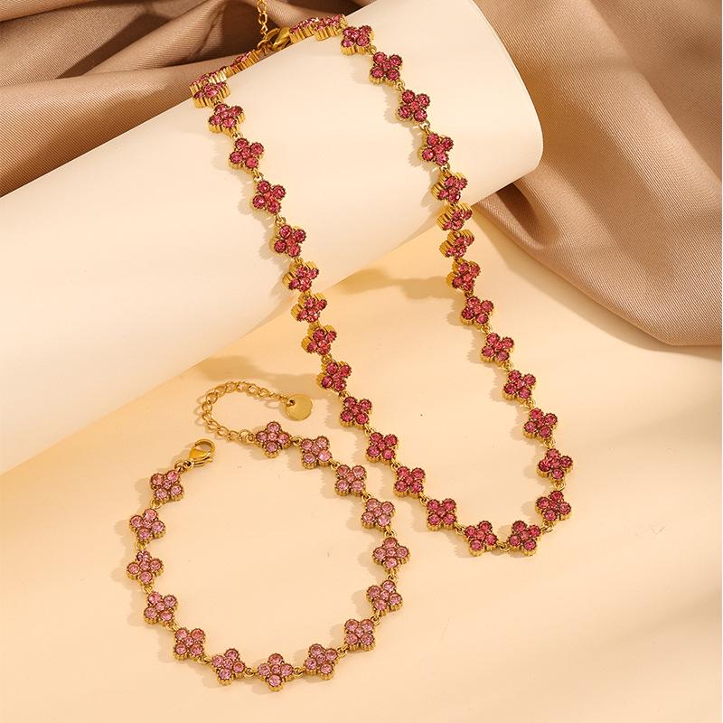 Colorful Diamond Four-Leaf Clover Jewelry Set - Necklace, Bracelet & Earrings for Women