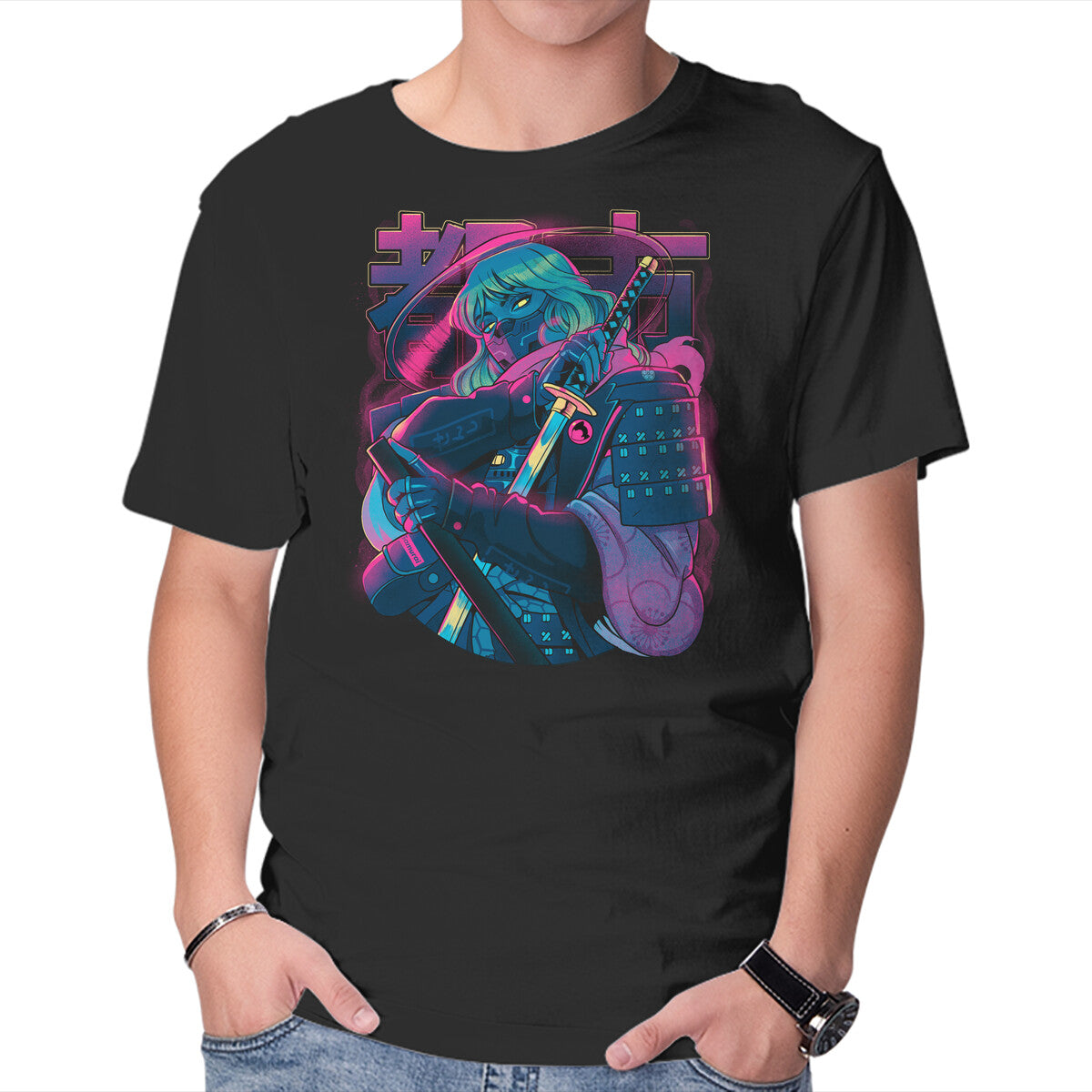Unisex Crew Neck T-Shirt Cyber Neon Samurai Graphic Short Sleeve Casual Tee XXXXL