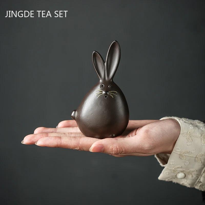 Cute Little Rabbit Sculpture Tea Pet Ornaments Purple Clay Tea Set Decoration Boutique Handmade Tea Figurine Decor Crafts