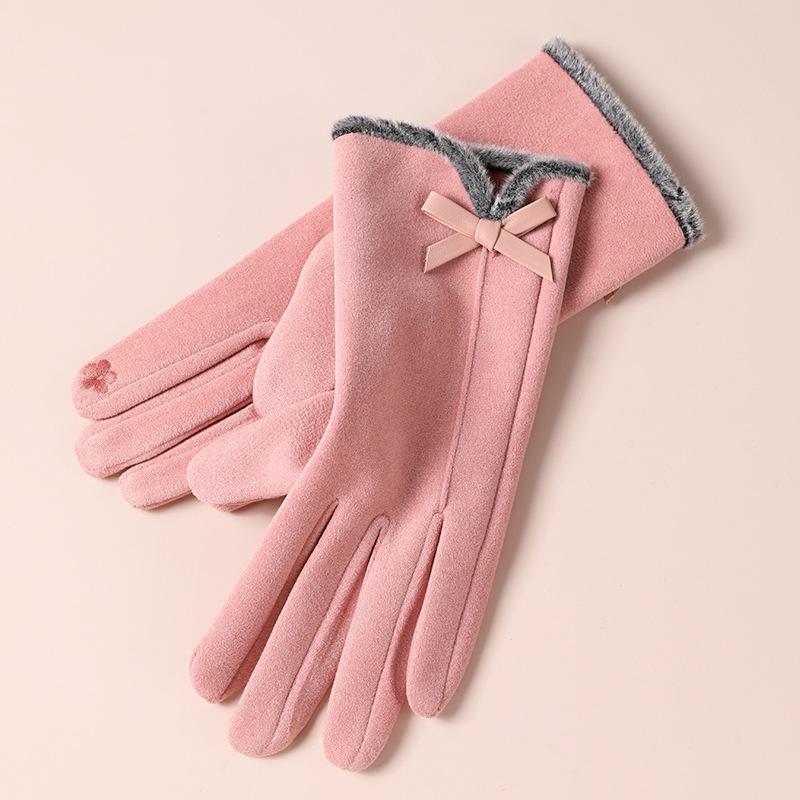 Women's Cute Bow Touchscreen Gloves for Autumn & Winter - Warm, Thickened Velvet, Cold-Proof for Outdoor Cycling