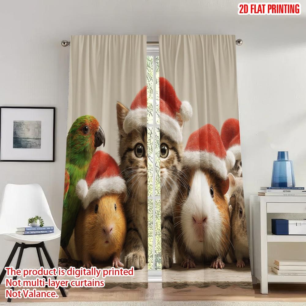 

Set Of 2 Classic Flat Printing Christmas Curtains Cute Animals Hats Digital Printed Polyester Drapes Holiday Curtain W100*H70(CM)-Grommet top&1PCS