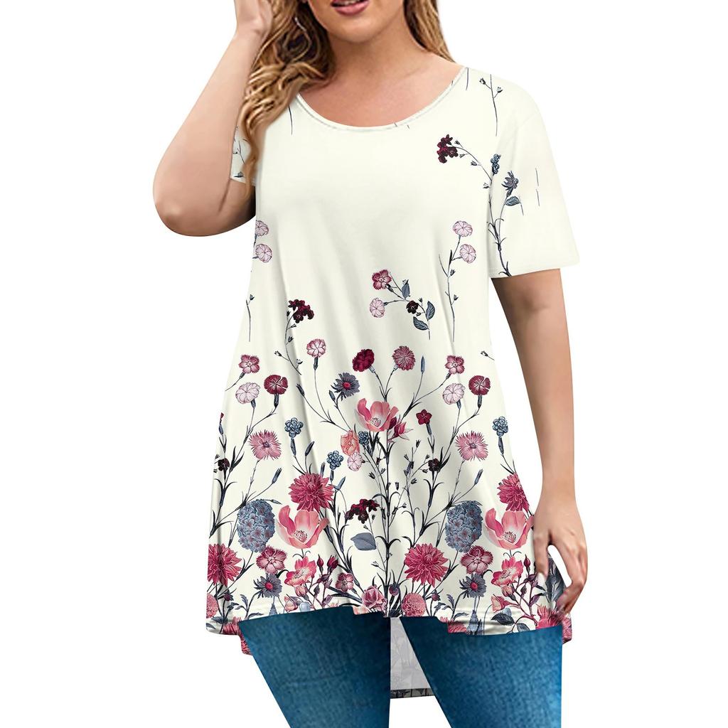 Damenmode Große Größe Rundhals Kurzarm Casual Print Lose Pullover Top