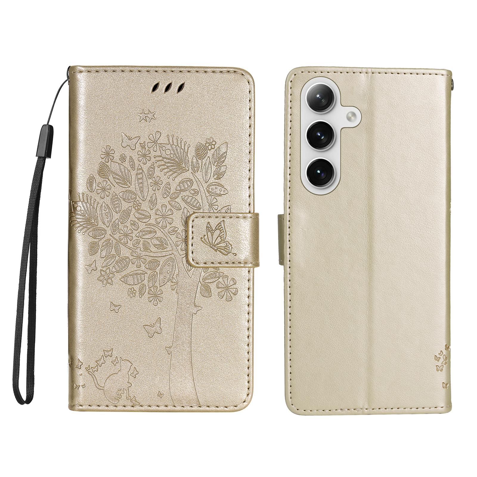 

For Samsung Galaxy S25/Galaxy S24 Phone Case with Stand Cat Tree Pattern Leather Wallet Mobile Cover Gold