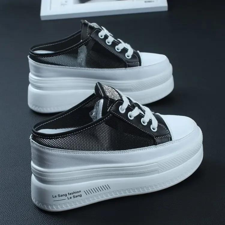 Fashion Summer Thick-soled Inner Heightening Half-drag Canvas Shoes Women's Muffin  A Pedal Lazy Shoes Women Casual Breathable Slippers