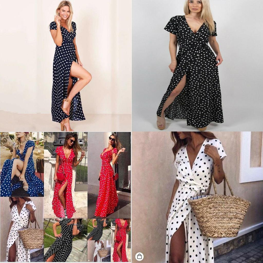 Stylish Womens Holiday Polka Dots Slit Maxi Dress Perfect For Summer Beach Outings