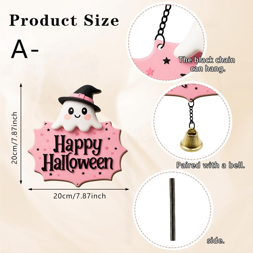 Halloween Decorative Hanging Sign Cute Ghost Skull Hanging Plaque Cute Halloween Sign Cartoon Bell Hanging Wooden Sign For Shop