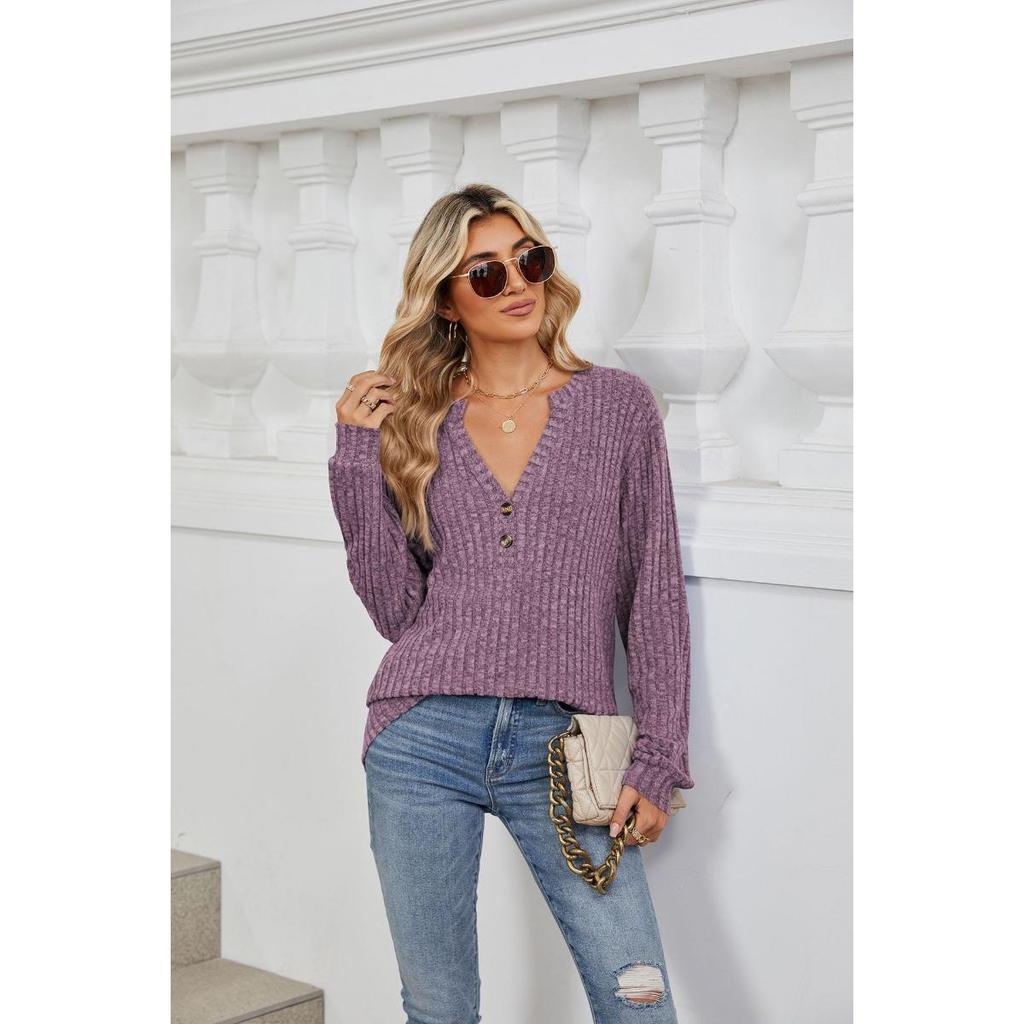 Loose Long Sleeve T-shirt Brushed Solid Color Women's Fall Winter New Leisure Ribbed Button