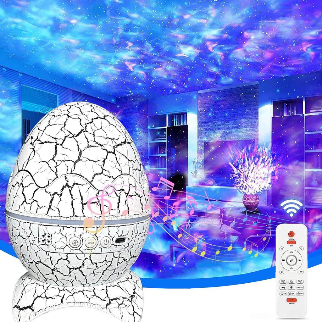 Dinosaur Egg Table Lamp and Projector: Starry Sky and Nebula Light with Remote-Controlled Speaker for Nighttime Ambiance.