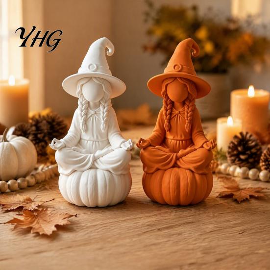 Halloween Witch Figurine 3D Printed Meditating on Pumpkin Base, Minimalist Fantasy Theme Room Accents Autumn Desktop Statue, DIY Paintable Ornament