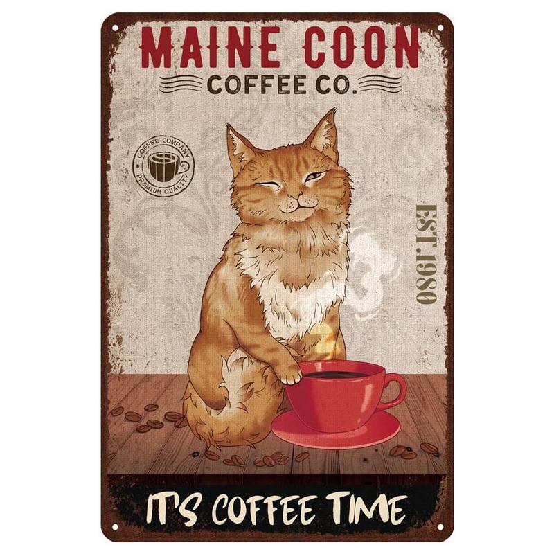 Hisun Tin Sign Vintage Funny Cat Coffee Themed Metal Tin Sign Retro Cute Kitten Wall Art Decor for Home Kitchen Cafe Bar Rustic Iron Painting P