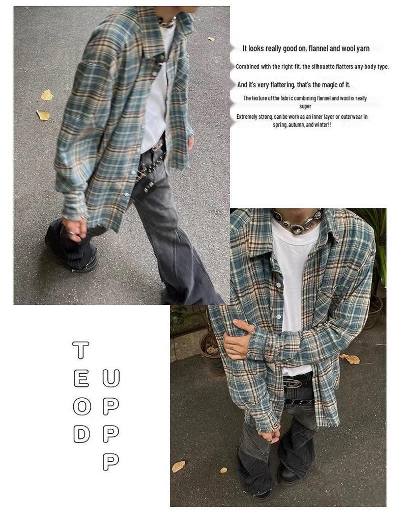 Retro Distressed Plaid Flannel Shirt with Tassels, Unisex Spring Loose Fit