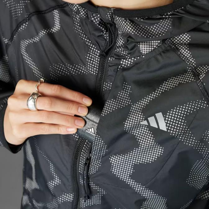Adidas Wind.Rdy Full Zip Hooded Logo Print Long Sleeve Jacket Women Jacket Black Reflective-Silver IT3445