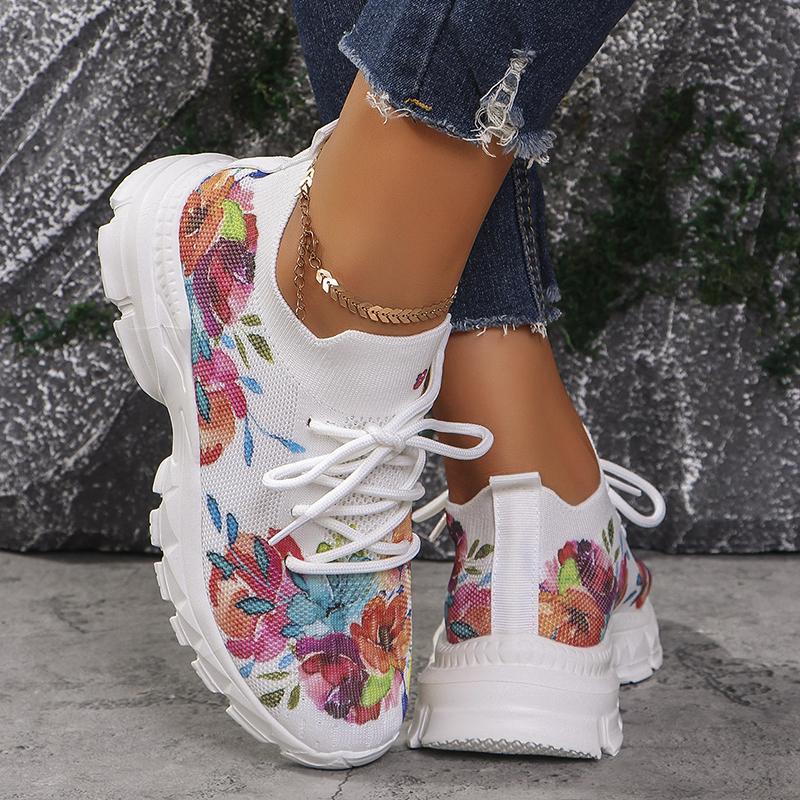 Fashion Floral Print Women's Knitted Sneakers Summer 2025 New Breathable Air Mesh Casual Shoes Woman Light Weight Walking Sports Flats