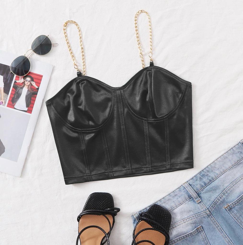 Sexy V Neck Metal Chain Tank Top Solid Halter Crop Tops Women Summer Camis Backless Camisole Fashion Casual Tube Female Sleeveless Cropped Vest Y2K