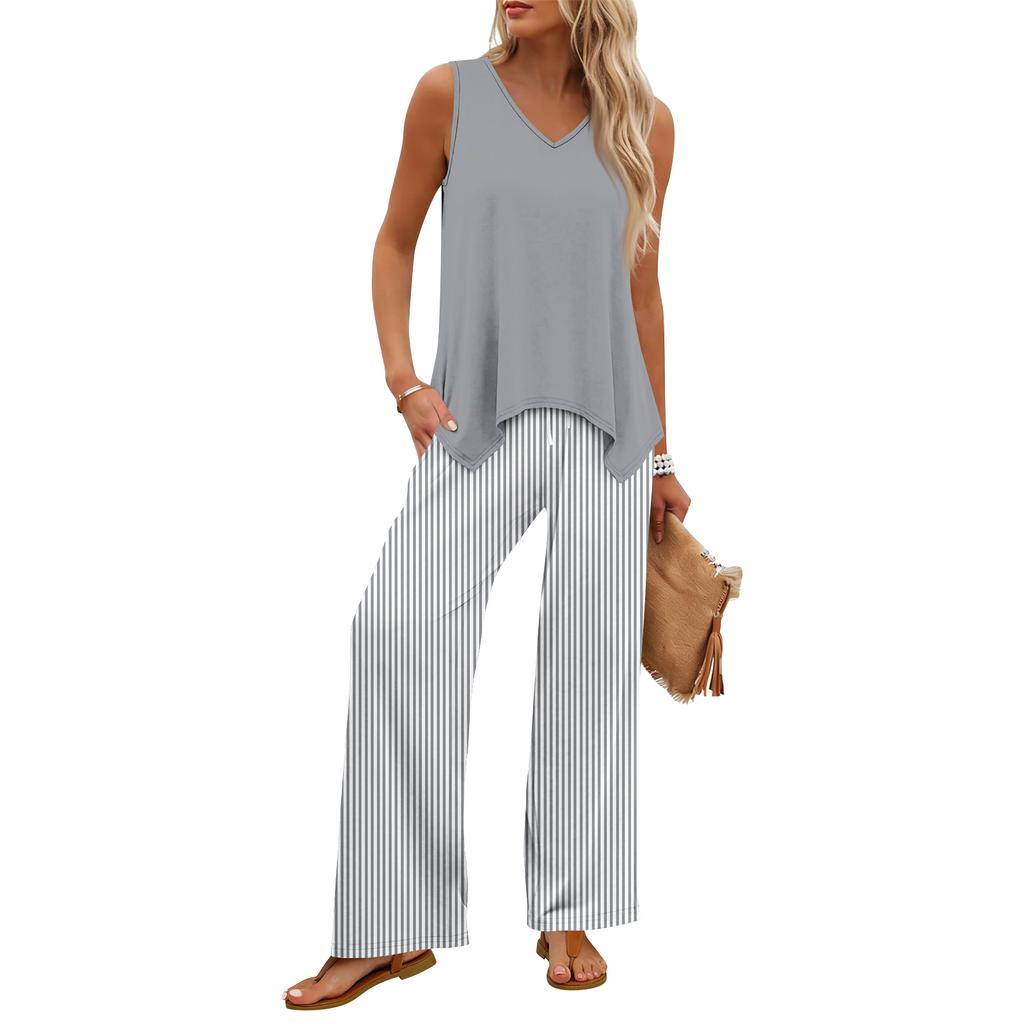 Sleeveless V Neck Tank Top and Striped Wide Leg Pants Two Piece Set for Women Casual Travel Vacation Home Wear
