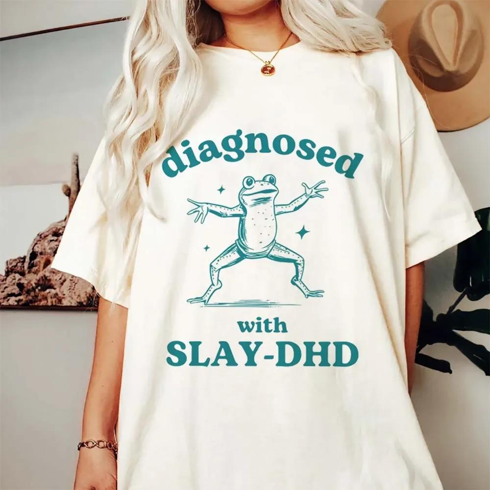 Diagnosed with Slay Dhd Trendy Print Cute TShirt Cartoon Pattern Basic ONeck Summer New TShirt Womens Casual Style Clothing S