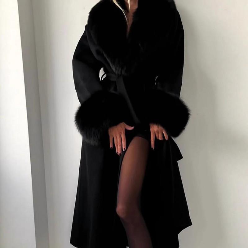 2026 Womens Oversized Wool Blend Long Coat With Faux Fur Collar Solid Color Elegant Winter Outerwear
