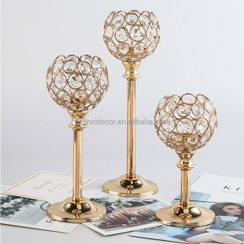 European Crystal Gold Single Head Small Candle Holder Retro Romantic Candlelight Dinner Metal Decoration Candle Holder (Gold,D8*H17CM)