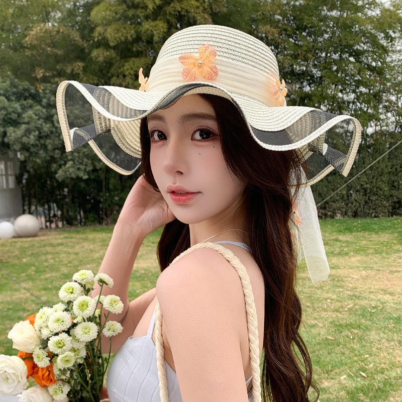 

Summer sweet wave flower straw hat outdoor fashion sunshade sun hat children wide face small sun hat One size fits all