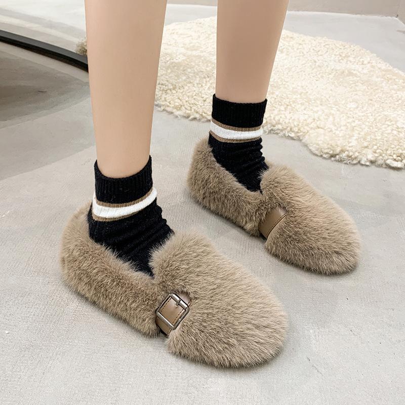Internet celebrity explosion mink hairy shoes women winter wear belt buckle thick sole velvet bean shoes fairy warm cotton shoes