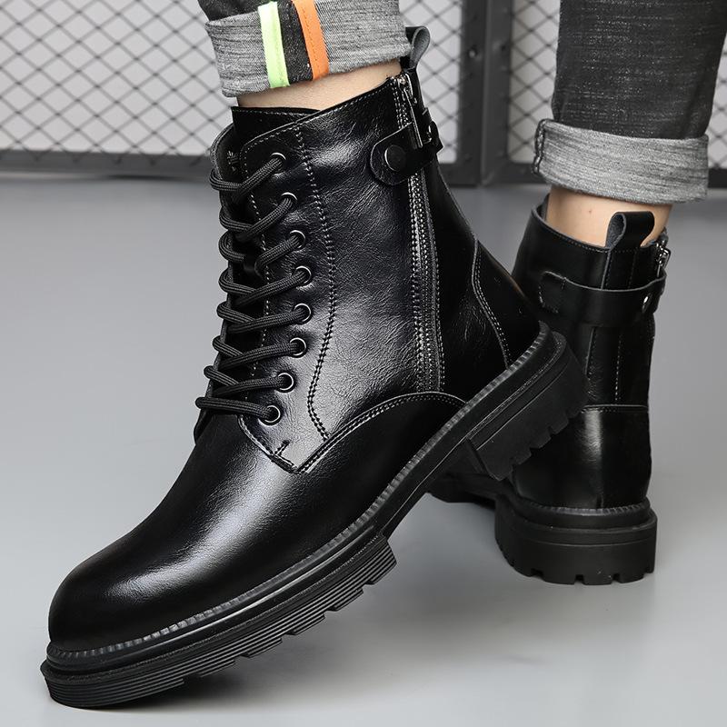 Side Zipper Martin Boots Men's High-top British Style Leather Tooling Locomotive Boots Autumn and Winter Heightening Velvet Warm Boots