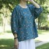 Sommer Damenbekleidung Ethnisch bedruckte Baumwollleinenbluse Top Rundhalsausschnitt Siebenviertelärmel T-Shirts
