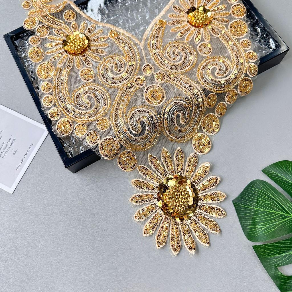 Gold Heavy Industry Mesh Bead Sequin Embroidery Patch Accessories Dress Performance Clothes Decorative Front Collar Cloth Stickers Accessories