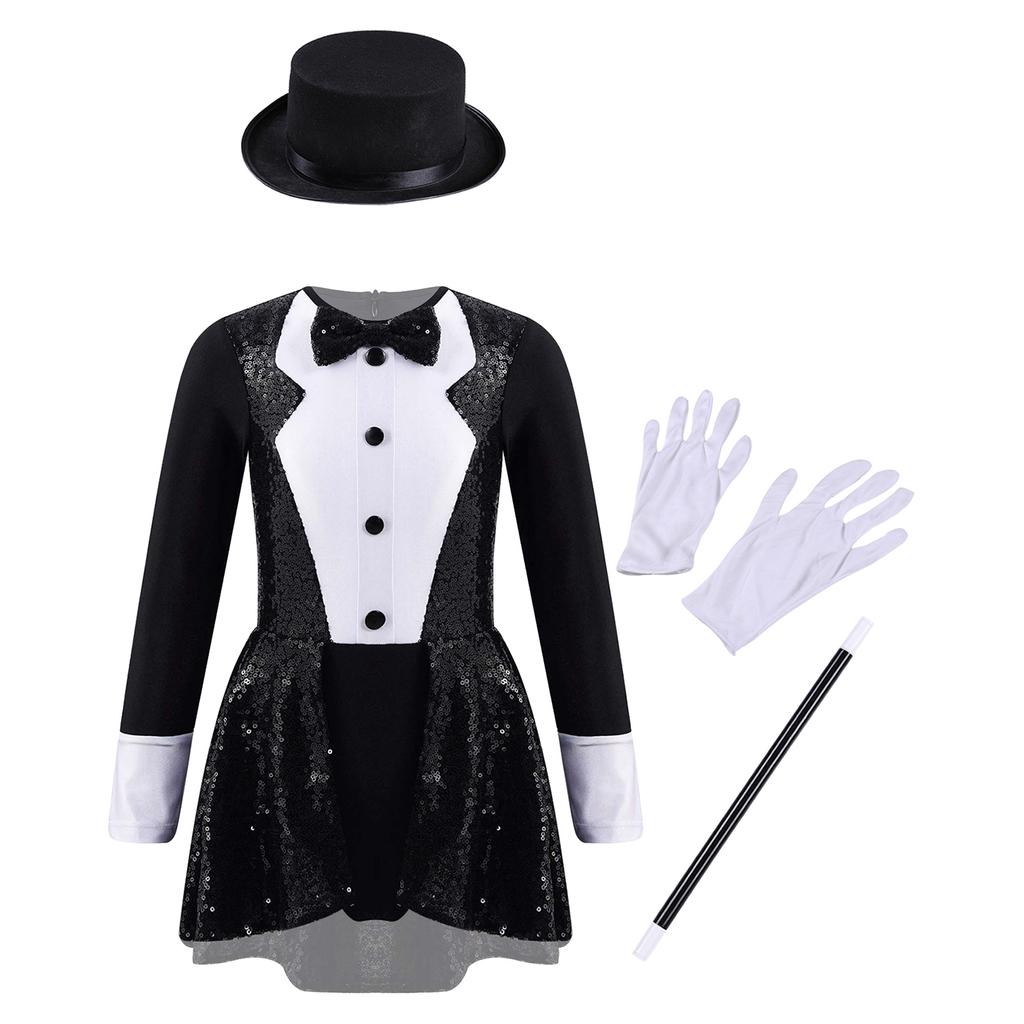 Girls Magician Costume Set Long Sleeve Bow Tie Back Zipper Sequin Leotard Hat Magic Wand Gloves