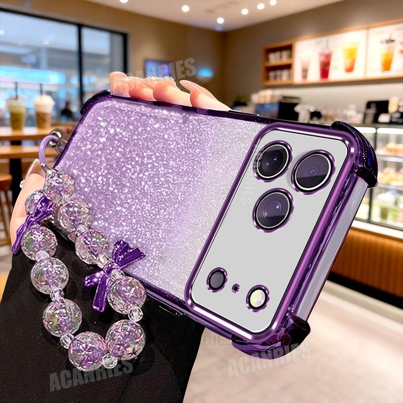 Luxury Star Lanyard Wrist Strap Plating Glitter Shockproof Silicone Case For Iphone 17 Pro Max Air 17pro Iphone17 Back Cover