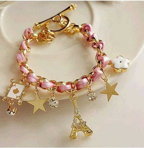 E053 European & American Braided Leather Bracelet with Iron Tower, Star, and Flower Charms