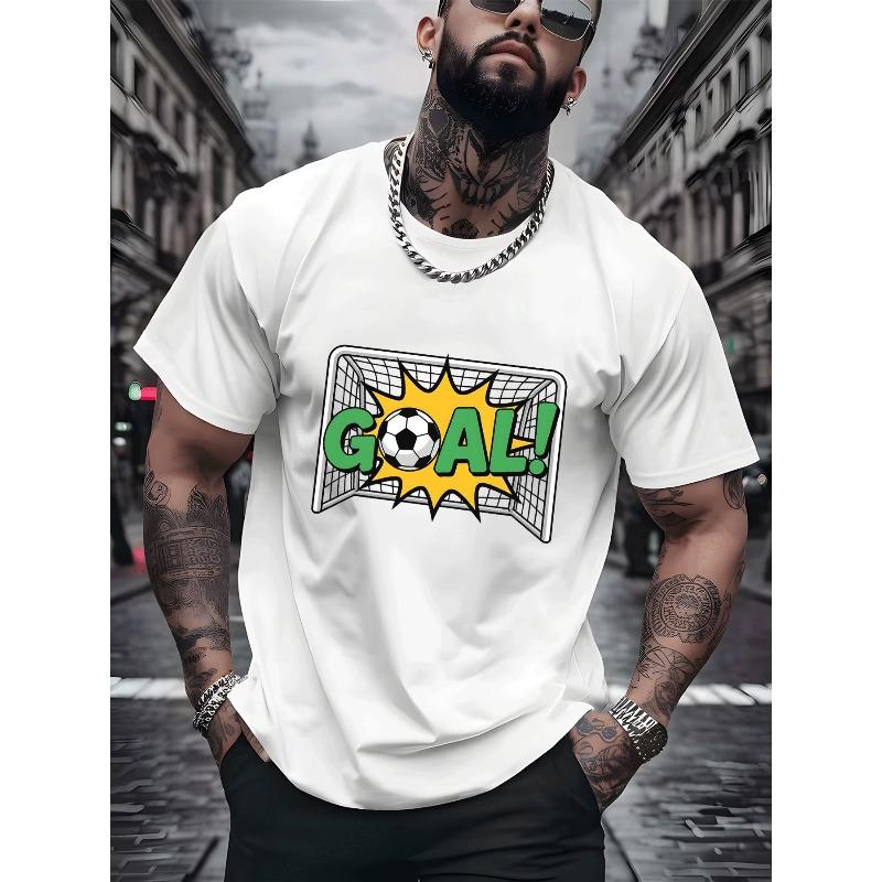 European Size Men's T Shirt Casual Trendy Street Style Sportswear Black Short Sleeve Top with Soccer Goal Graphic Print Football Pattern for Adults