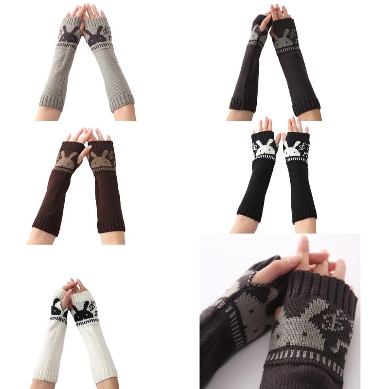 Womens Winter Warm Elbow Long Fingerless Thumb Hole Gloves Mittens Knitted Arm Warmer Cute Rabbit Fingerless Glove