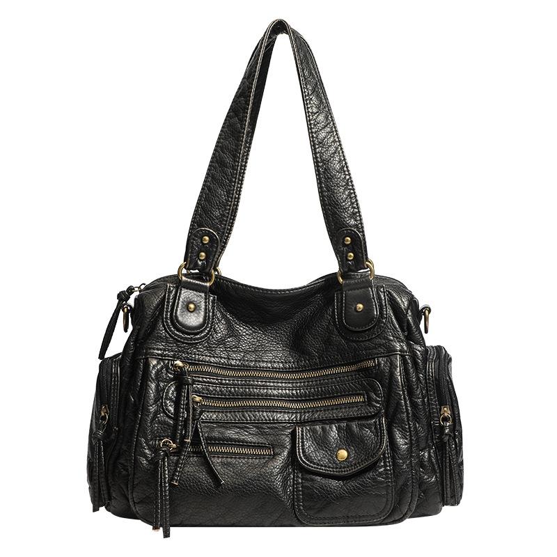 European and American Women's Fashionable Simple Washing and Old Hot Girl Motorcycle Bag Large Capacity Retro One Shoulder Crossbody Bag