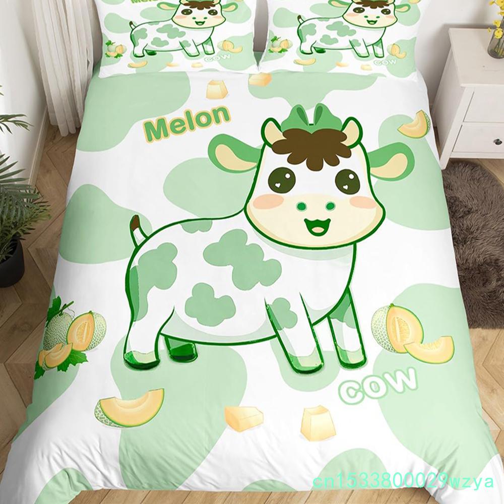 Süt İneği Desenli Yatak Örtüsü Seti King Queen Hayvanlar Temalı Yorgan Kılıfı Çikolata Kahvesi Nevresim Kılıfı Sevimli Kawaii Sığır Yorgan Kılıfı