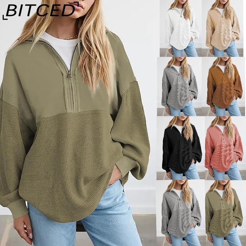 BITCED Women's Fashion Pullover Sweatshirt Fall Solid Color Zipper V-Neck Hoodie