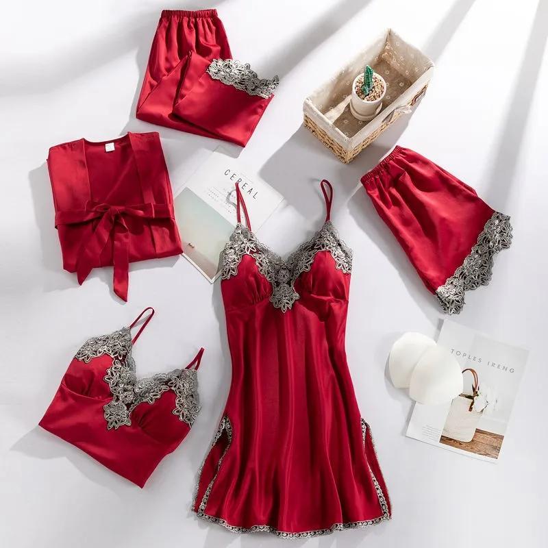 5 STUKS Nachtkleding Slaappak Sexy Dames Kant Pyjama Sets V-hals Satijn Pyjama Intieme Lingerie Lente Nachtkleding Huispak