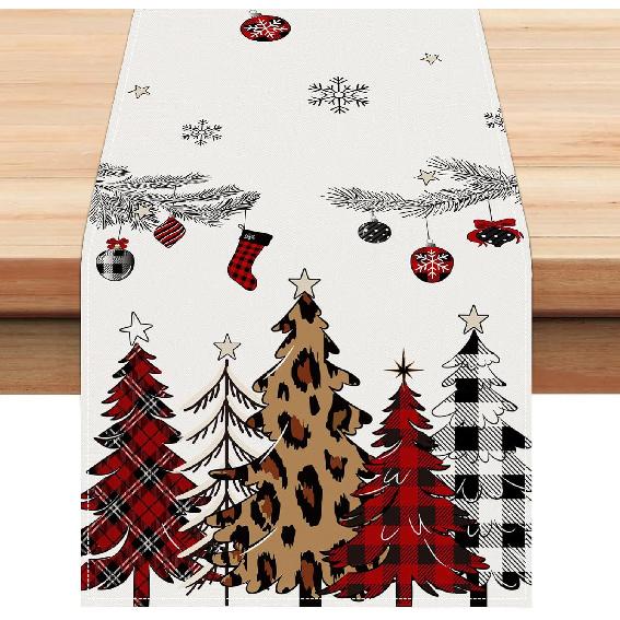 Bonhause Buffalo Plaid Christmas Trees Table Runner 13x72 Inch Snowflakes Pine Branches Red Winter Holiday Kitchen Dining Table Decoration for Indoor