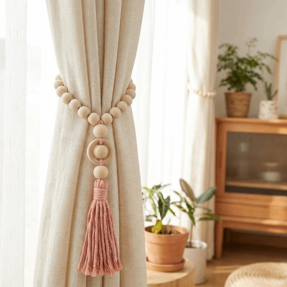 Einfache rustikale Holzperlen-Vorhanghalter mit Quasten Dekorative Vorhangschnalle Bohème-Stil Vorhangband Landhausstil