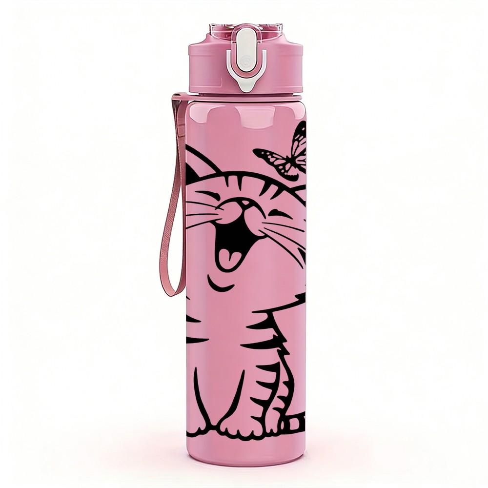 1PC Playful Tabby Kitten Cartoon Pattern 750ml Color Plastic Sports Water Bottle Leakproof Flip Straw Lid Suitable for Sports Office Home Use
