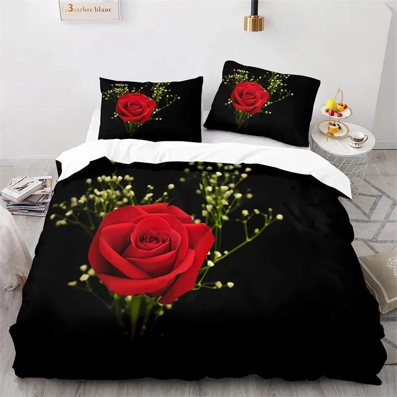 Rose Floral Duvet Cover Romantic Bedding Set Microfiber King Quilt Cover For Girl Adult Teen Wedding Valentine's Day Room Decor