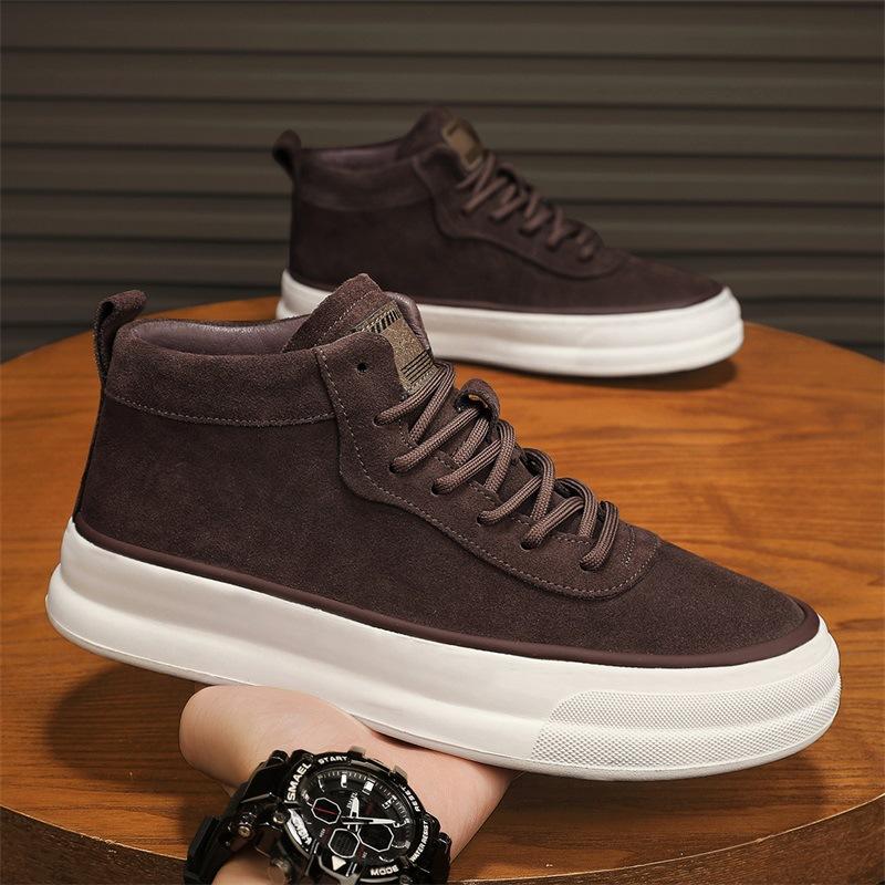 Spring high-top thick-soled men's shoes black new matte leather shoes men's breathable and versatile lightweight casual shoes