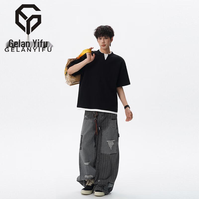 GELANYIFU Men s Waffle Knit V-Neck Short Sleeve T-Shirt L
