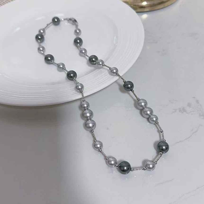 8-10MM Crystal Pearl Necklace Luxury Fine Beaded Imitation Tahitian Pearl 50cm Long Sweater Chain 40cm