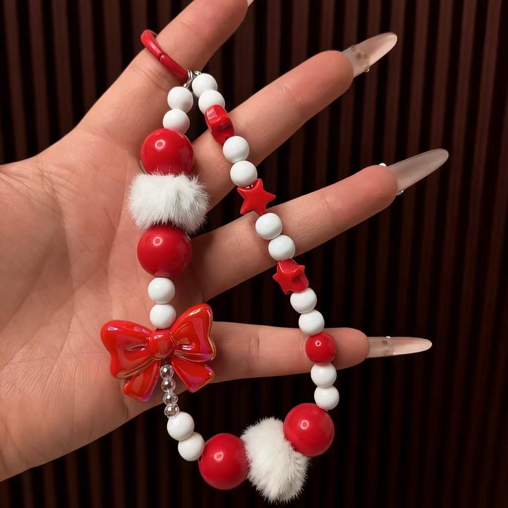 Red Bow Beaded Pom-Pom Keychain - Cute Christmas Pendant Accessory