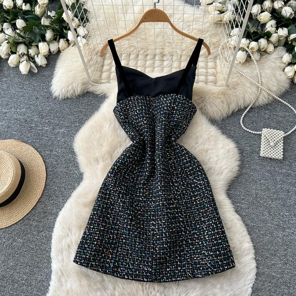 Women's Tweed Sleeveless A-Line Dress Fall 2026 Elegant and Sophisticated Black High-Waisted A-Line Spaghetti-Strap Mini Dress