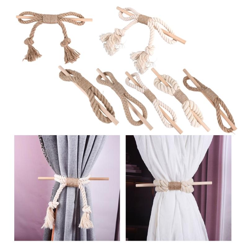 4 Pack Wood Stick and Braided Cotton Linen Rope Curtain Ties for Living Room Bedroom Window Drape Tiebacks Holdbacks