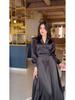 European Spring 2024 V-Neck Lace-Up Long Sleeve Dress with Waist-Cinch